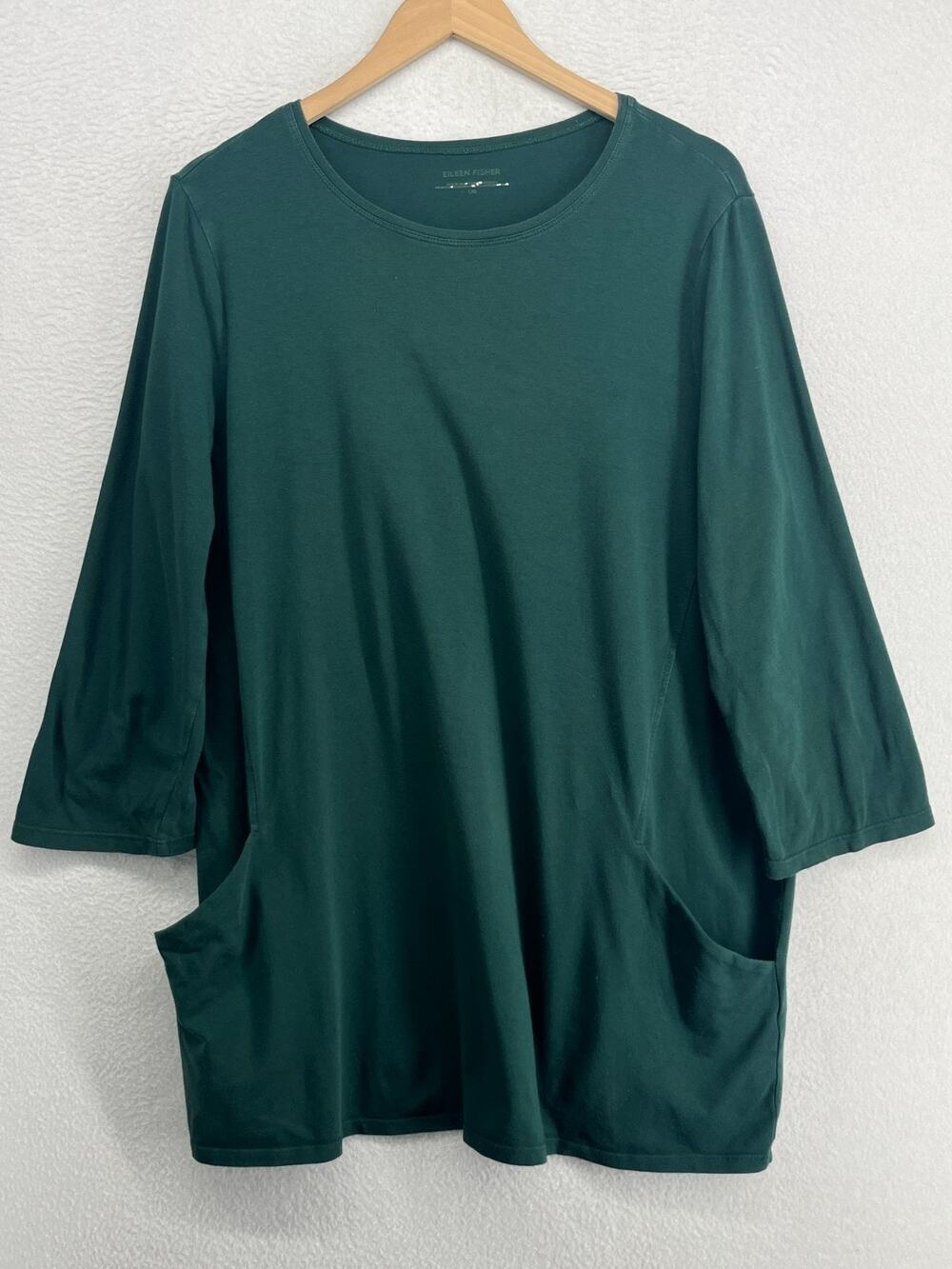 EILEEN FISHER Tunic L Organic Cotton Stretch Jersey Long Sleeve Green USA